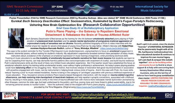 Rozalina Gutman is invited to present  @ ISME Research Committee @ 35th World Conference of ISME on BACH SENSORY DEACTIVATION EFFECT evidence,  illuminated by her discovery of the obscured true meaning of Bach�s Fugue-Parody Contact us for details @www.CHARISM